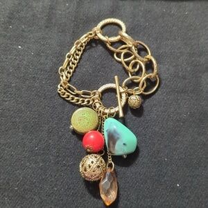 Gold Tone Chain Dangle Blue Green Red Peach Charm Statement Bracelet